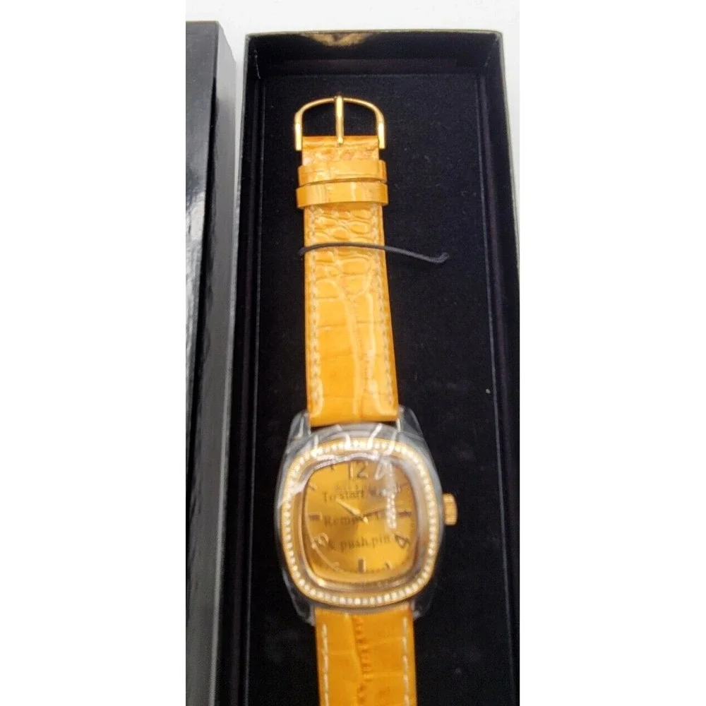 NEW Joan Rivers Classics Yellow Rhinestone Bezel Watch Black Box Leather‎ Strap